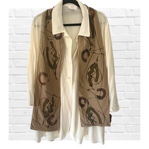 Vintage Hand Painted Silk Reversible Scarf Lagenlook Geometric Art to Wear Tan